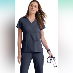 Greys Anatomy Barco Steel Gray Sets Scrubs Wrap Princess 2 Pocket Top 5 Pocket